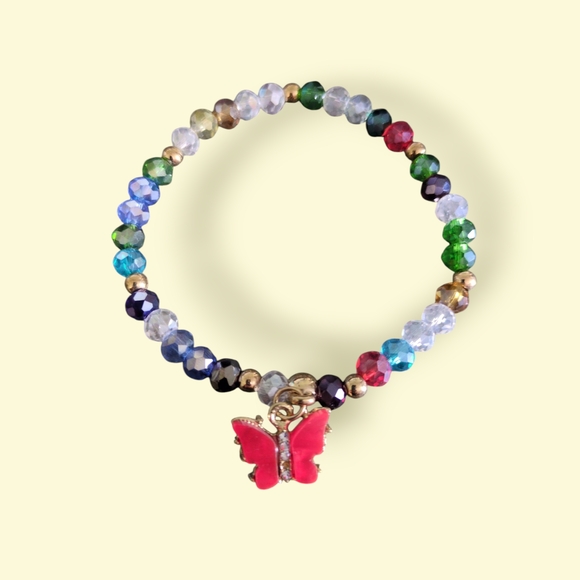 Hand Crafted Jewelry - Colorful Beaded Bracelet with Butterfly Charm